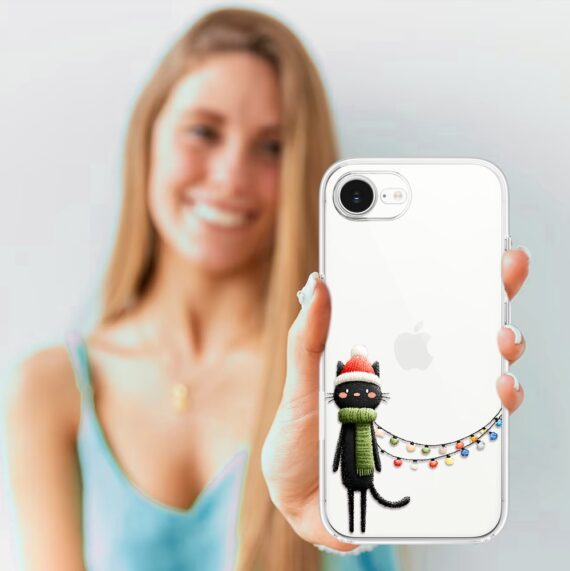 Etui do iPhone 16e, Przytulne święta, Kot przebrany za elfa, przeźroczyste (3)