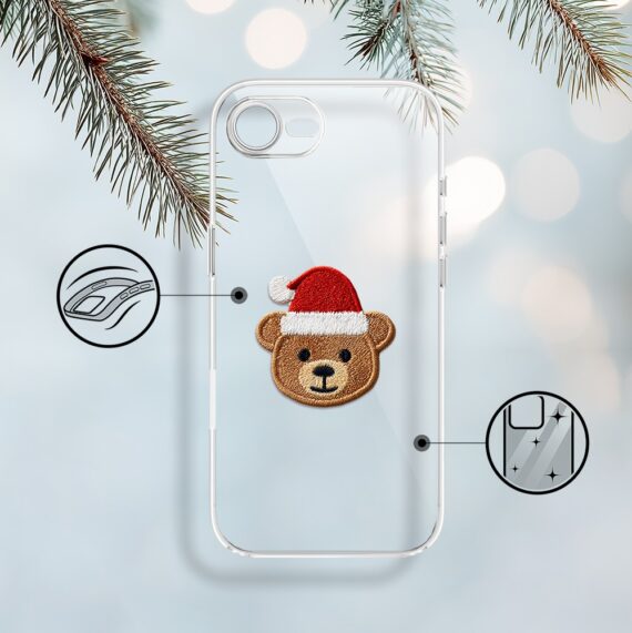 Etui do iPhone 16e, Przytulne święta, Miś Mikołajek, przeźroczyste (1)