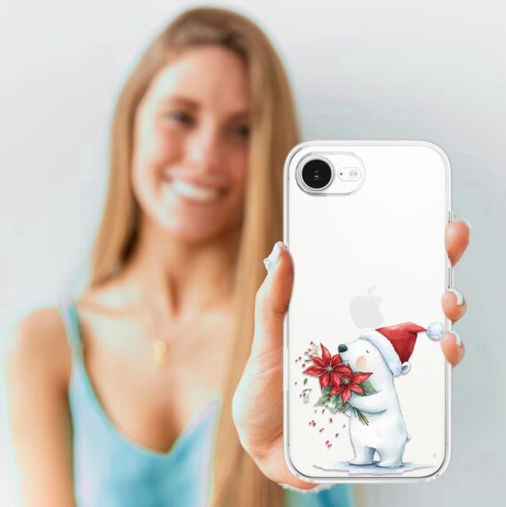 Etui do iPhone 16e, Przytulne święta, Miś świąteczny, przeźroczyste (3)