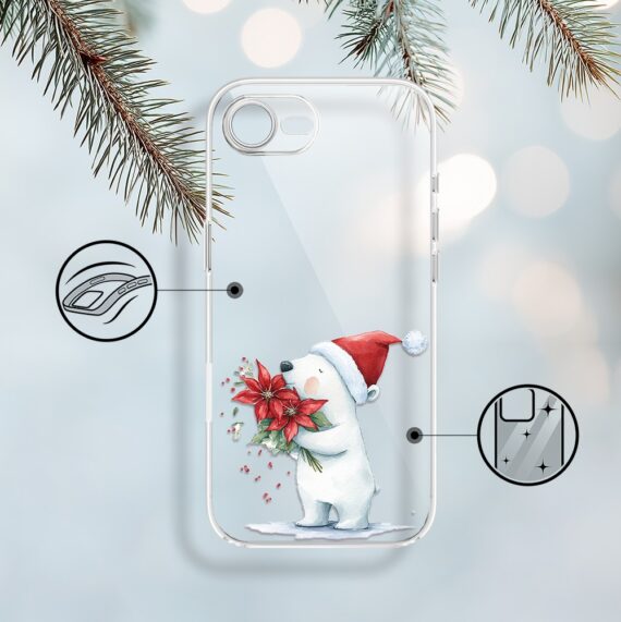 Etui do iPhone 16e, Przytulne święta, Miś świąteczny, przeźroczyste (6)