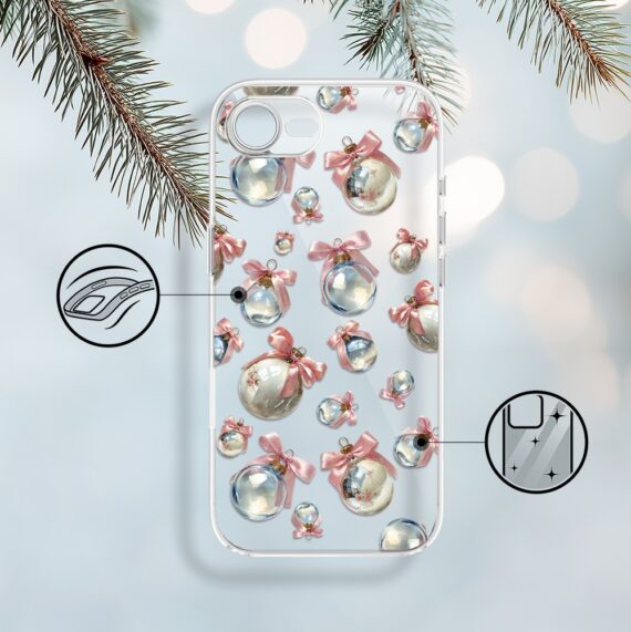 Etui do iPhone 16e, Przytulne święta, Pastelowe bombki, przeźroczyste (1)