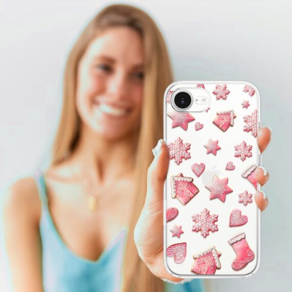 Etui do iPhone 16e, Przytulne święta, Różowe pierniczki, przeźroczyste (3)