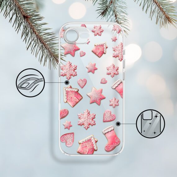 Etui do iPhone 16e, Przytulne święta, Różowe pierniczki, przeźroczyste (6)