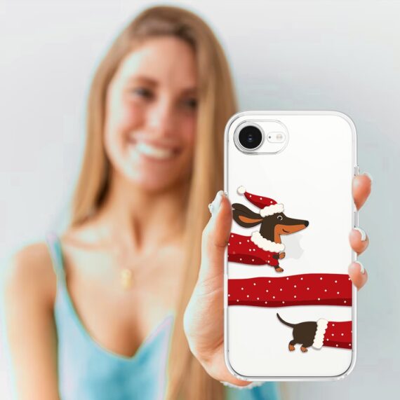 Etui do iPhone 16e, Przytulne święta, Świąteczny jamnik, przeźroczyste (3)