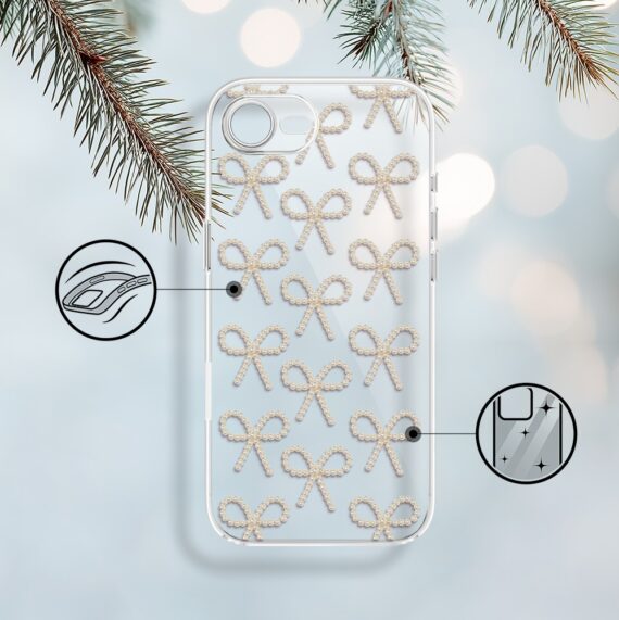 Etui do iPhone 16e, Przytulne święta, Złote kokardki, przeźroczyste (1)