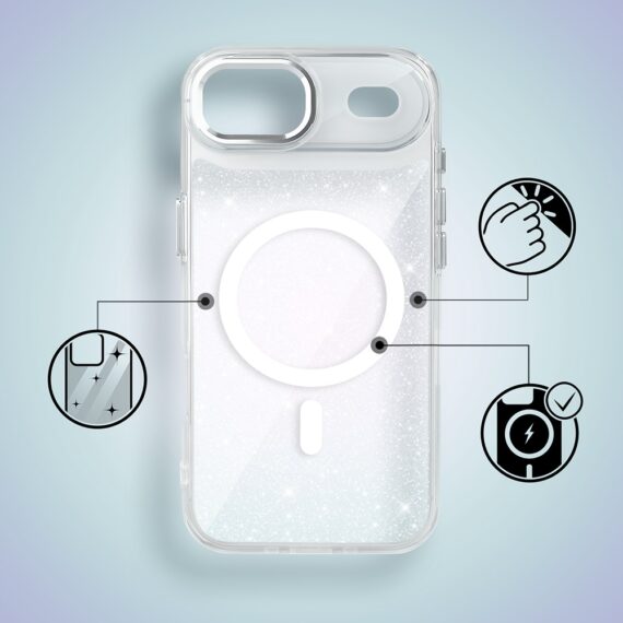 Etui do iPhone 17 Air Super Hybrid Sparkle z MagSafe, błyszczący, twardy brokatowy tył, metalowe ozdoby, przeźroczyste (8)