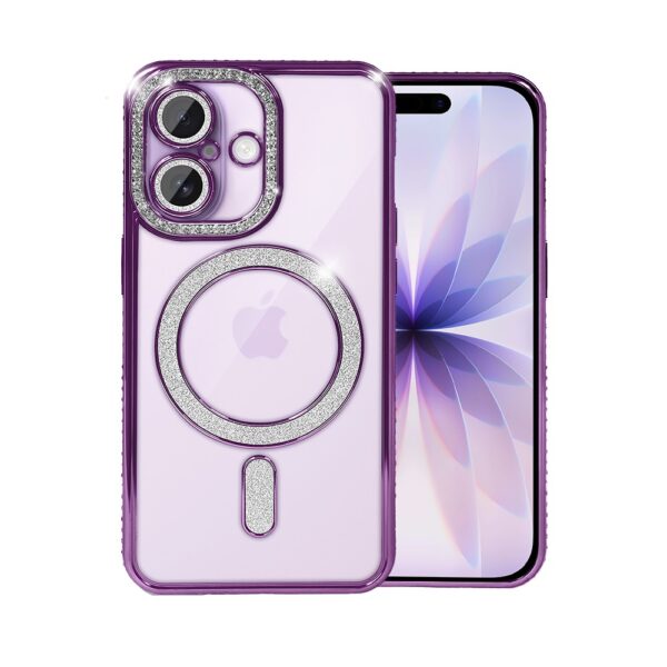 Etui do iPhone 17 cyrkonie i brokat, błyszczące z MagSafe, przeźroczyste, purpurowe