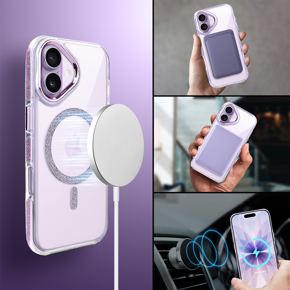 Etui do iPhone 17 Glitter Shine, przeźroczyste, brokatowe z MagSafe, fioletowe (1)