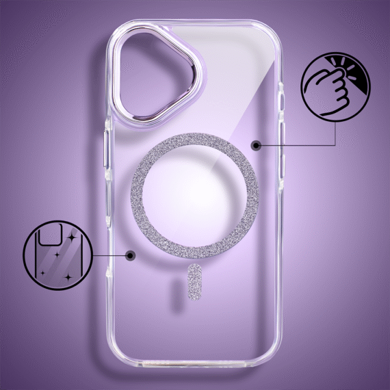 Etui do iPhone 17 Glitter Shine, przeźroczyste, brokatowe z MagSafe, fioletowe (10)