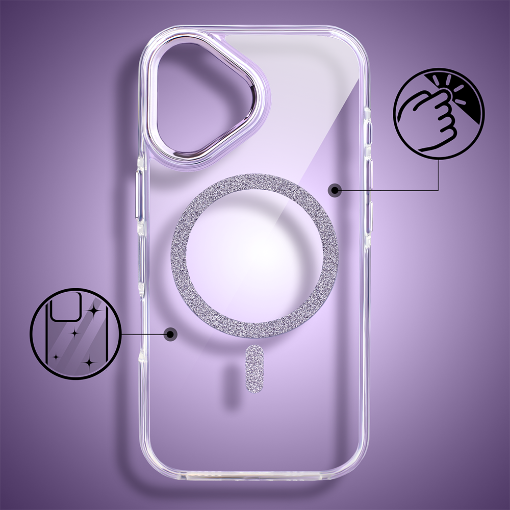 Etui do iPhone 17 Glitter Shine, przeźroczyste, brokatowe z MagSafe, fioletowe (10)