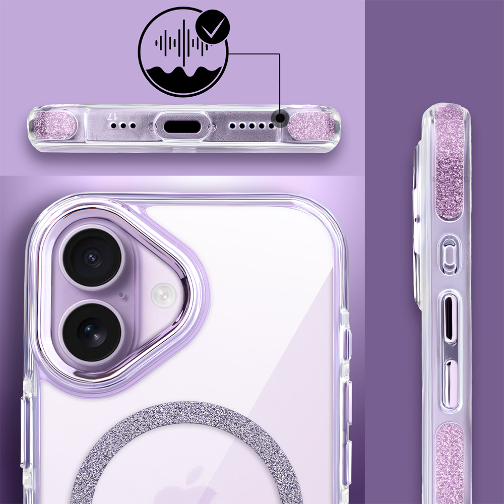 Etui do iPhone 17 Glitter Shine, przeźroczyste, brokatowe z MagSafe, fioletowe (4)