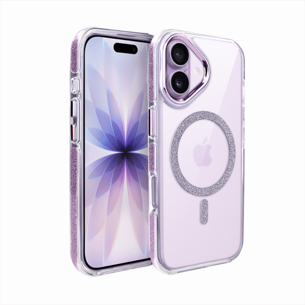 Etui do iPhone 17 Glitter Shine, przeźroczyste, brokatowe z MagSafe, fioletowe