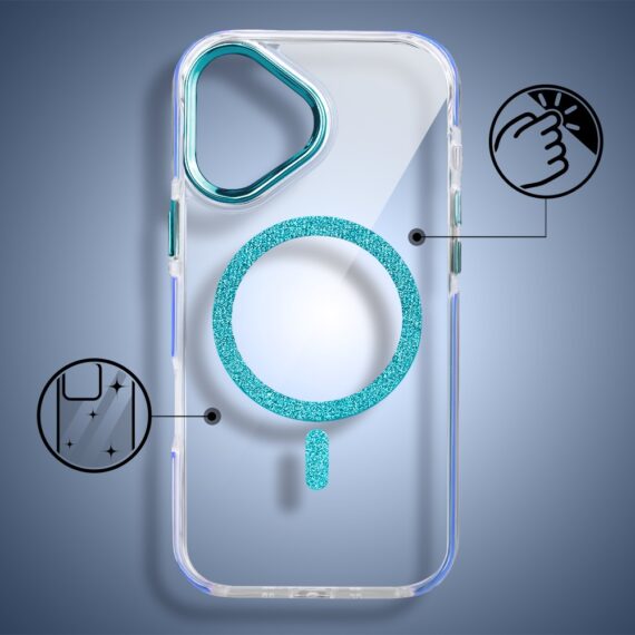 Etui do iPhone 17 Glitter Shine, przeźroczyste, brokatowe z MagSafe, niebieskie (9)