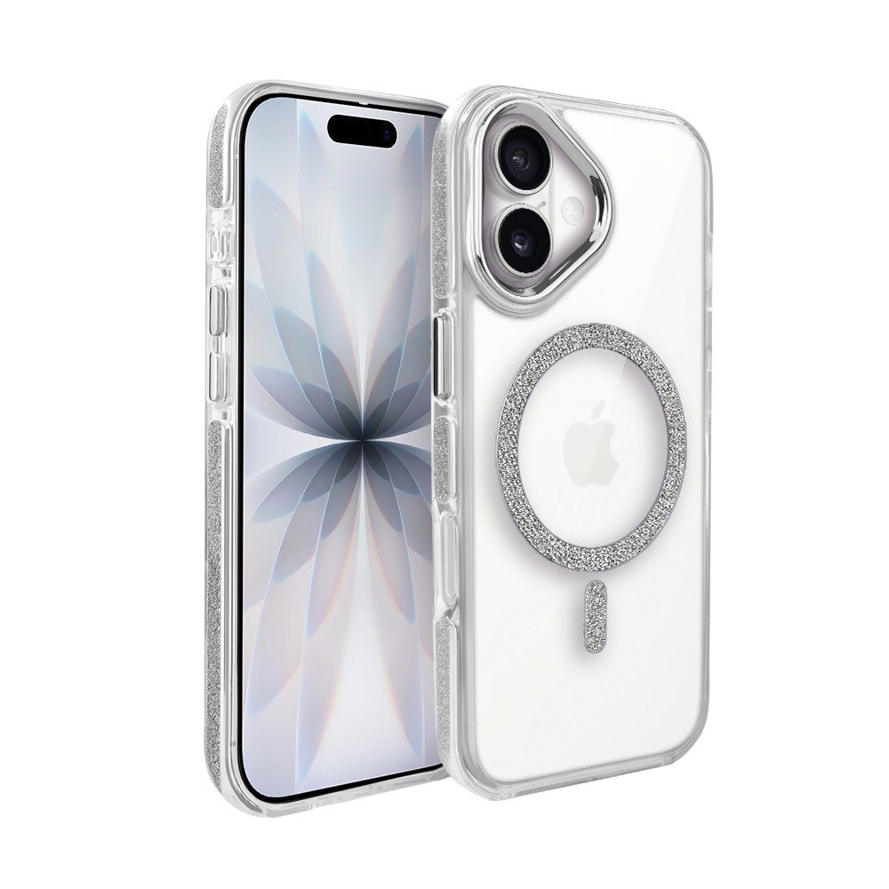 Etui do iPhone 17 Glitter Shine, przeźroczyste, brokatowe z MagSafe, srebrne