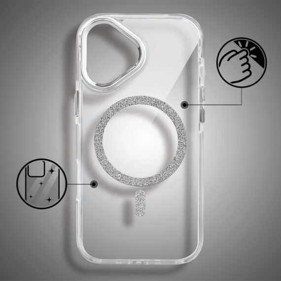 Etui do iPhone 17 Glitter Shine, przeźroczyste, brokatowe z MagSafe, srebrne (9)