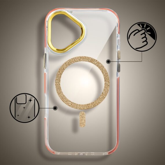 Etui do iPhone 17 Glitter Shine, przeźroczyste, brokatowe z MagSafe, złote (9)