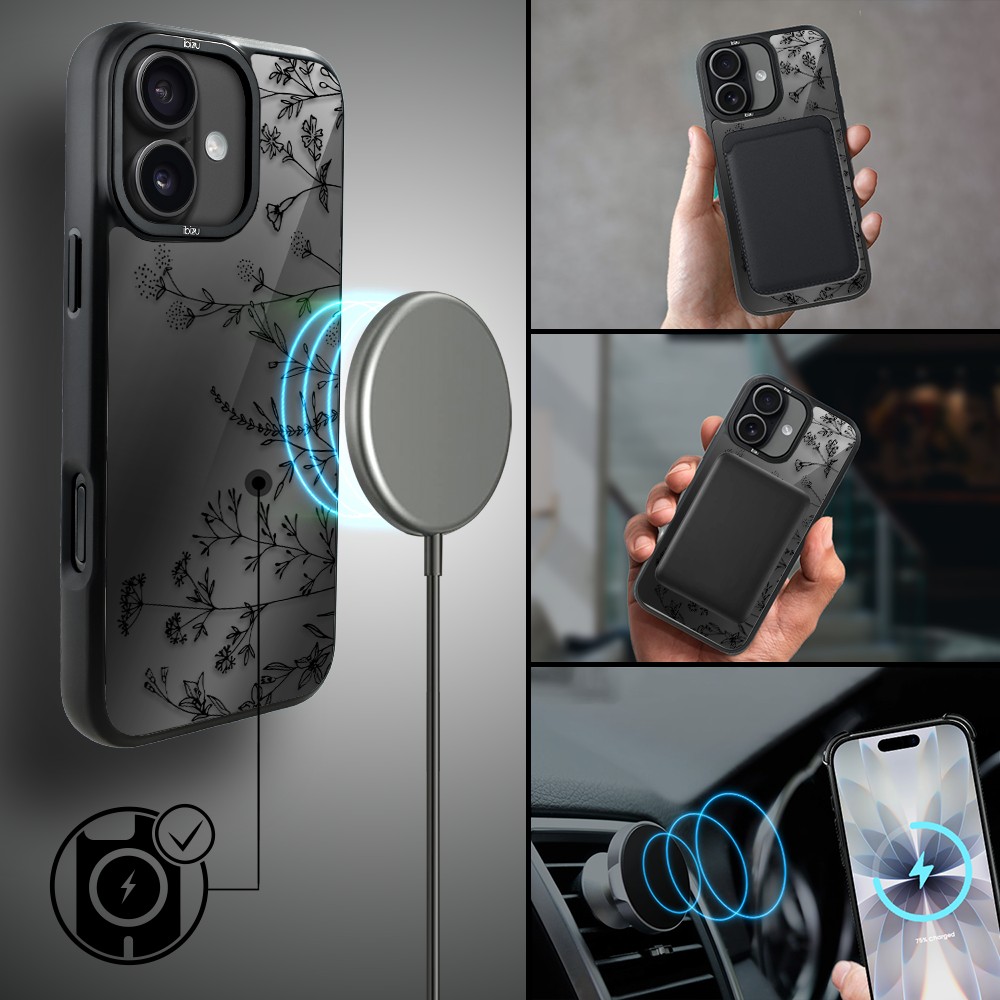 Etui do iPhone 17 IBIZU DropGuard Matt z MagSafe, Midnight, Dotyk kwiatów (3)