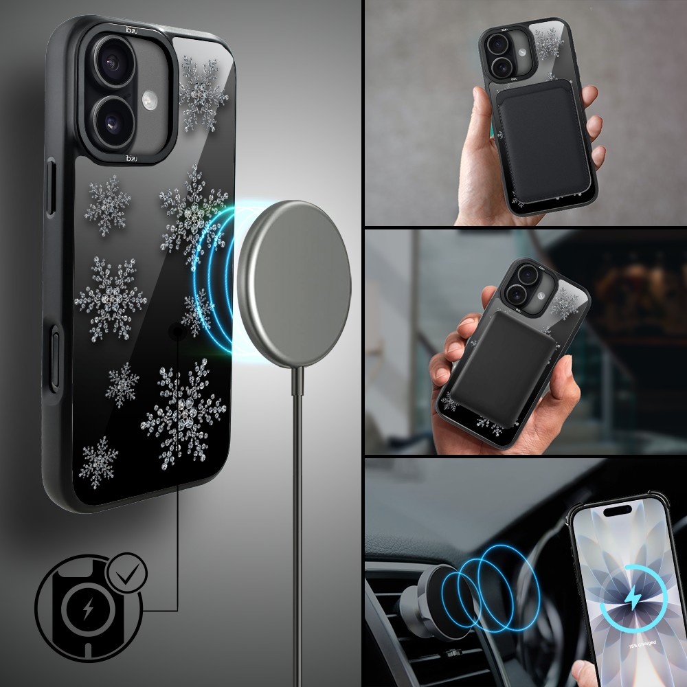 Etui do iPhone 17 IBIZU DropGuard Matt z MagSafe, Zimowa magia, Płatki śniegu na czarnym lustrze ip 17-4