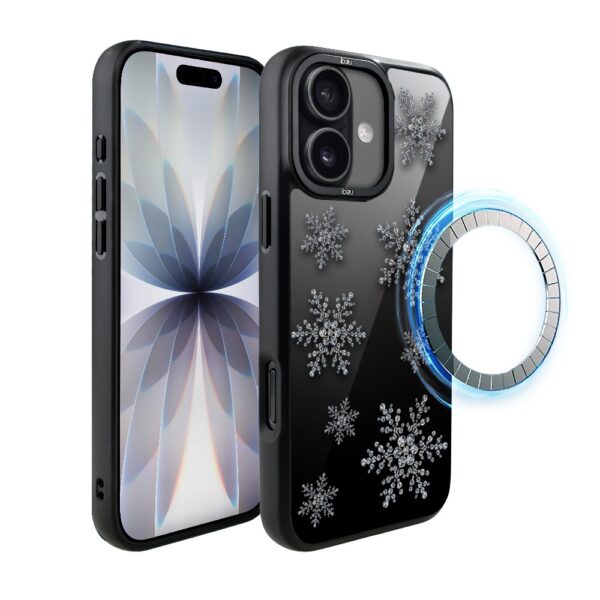Etui do iPhone 17 IBIZU DropGuard Matt z MagSafe, Zimowa magia, Płatki śniegu na czarnym lustrze