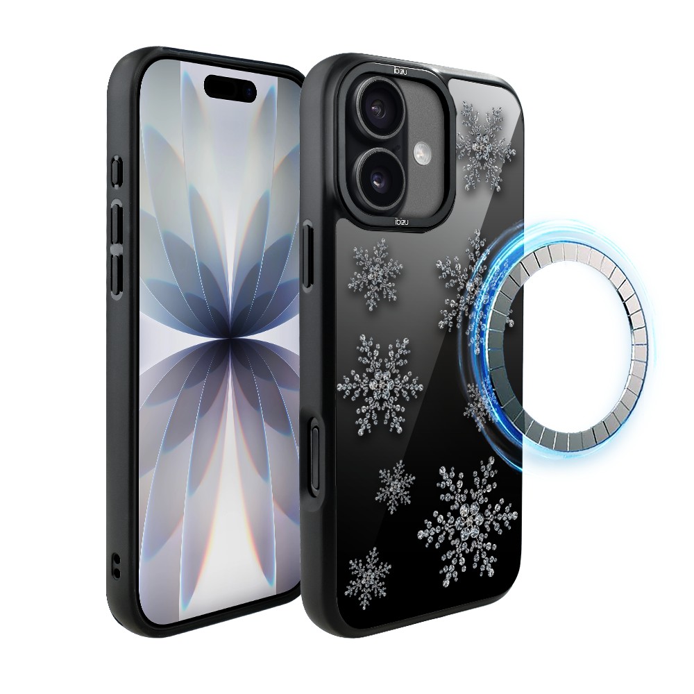 Etui do iPhone 17 IBIZU DropGuard Matt z MagSafe, Zimowa magia, Płatki śniegu na czarnym lustrze