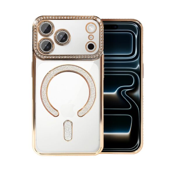 Etui do iPhone 17 Pro Max cyrkonie i brokat, błyszczące z MagSafe, przeźroczyste, złote