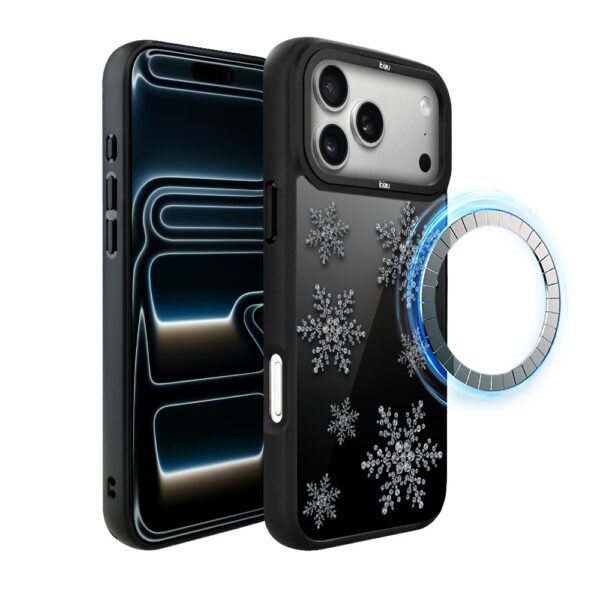 Etui do iPhone 18 Pro IBIZU DropGuard Matt z MagSafe, Zimowa magia, Płatki śniegu na czarnym lustrze