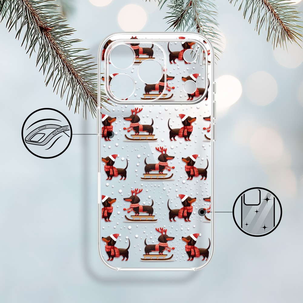 Etui do iPhone 17 Pro Max, Przytulne święta, Jamniki na saniach, przeźroczyste1