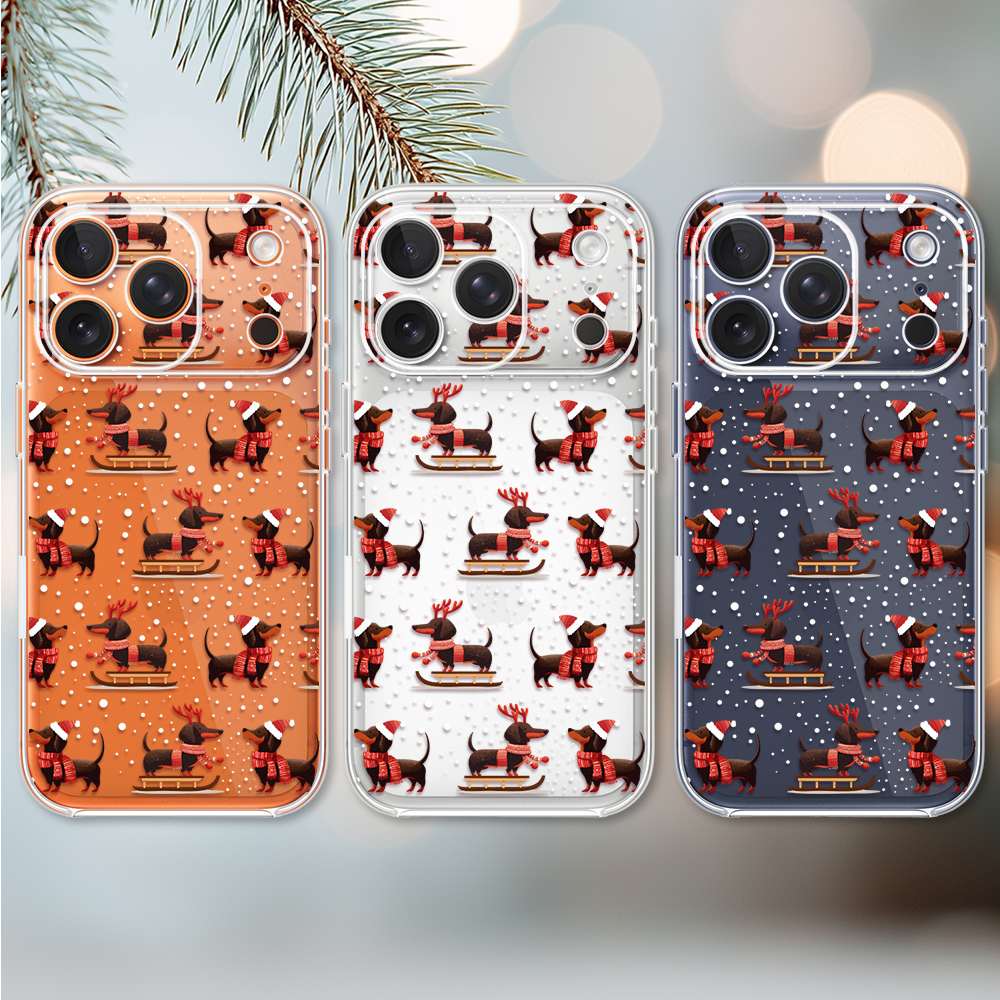 Etui do iPhone 17 Pro Max, Przytulne święta, Jamniki na saniach, przeźroczyste2