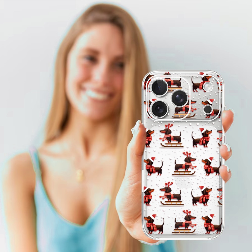 Etui do iPhone 17 Pro Max, Przytulne święta, Jamniki na saniach, przeźroczyste4