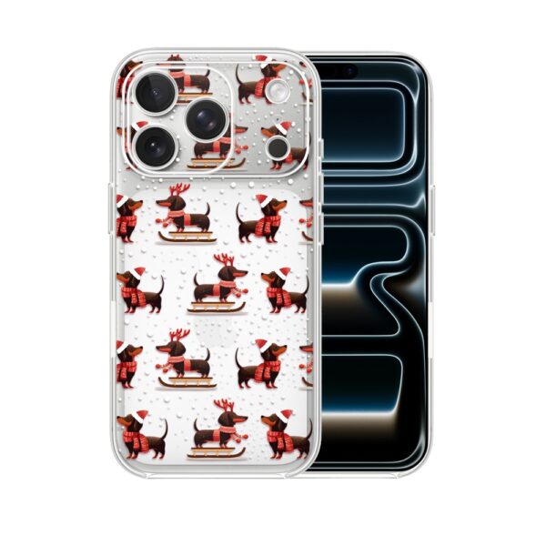 Etui do iPhone 17 Pro Max, Przytulne święta, Jamniki na saniach, przeźroczyste