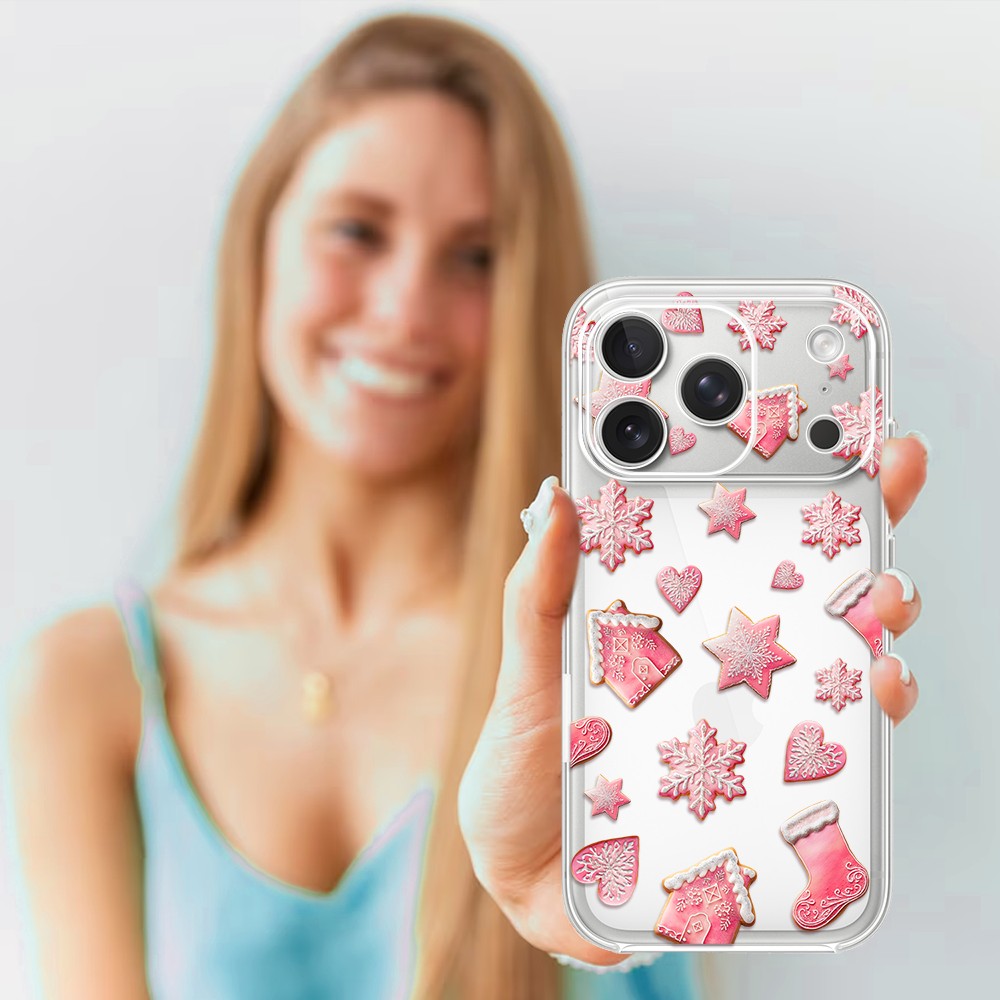 Etui do iPhone 17 Pro Max, Przytulne święta, Różowe pierniczki, przeźroczyste1