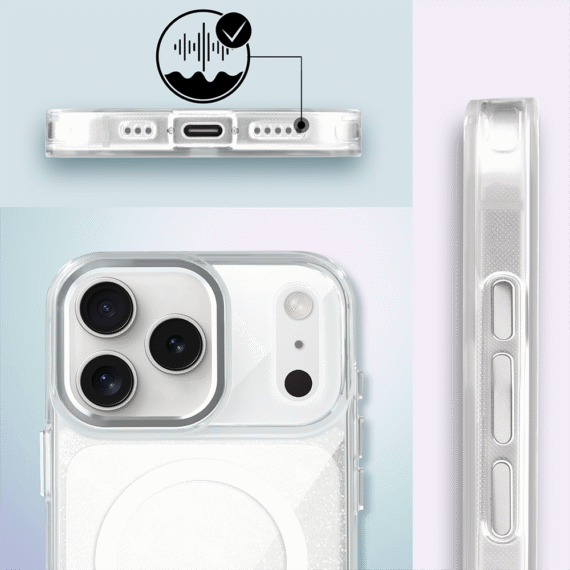 Etui do iPhone 17 Pro Max Super Hybrid Sparkle z MagSafe, błyszczący, twardy brokatowy tył, metalowe ozdoby, przeźroczyste (3)