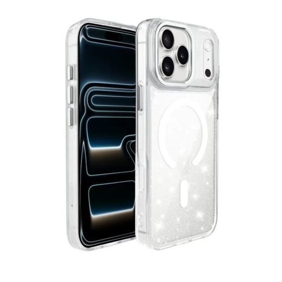 Etui do iPhone 17 Pro Max Super Hybrid Sparkle z MagSafe, błyszczący, twardy brokatowy tył, metalowe ozdoby, przeźroczyste (5)