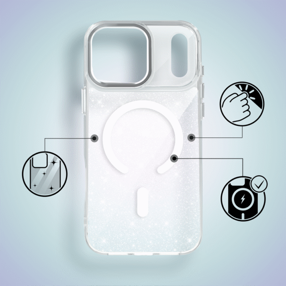 Etui do iPhone 17 Pro Max Super Hybrid Sparkle z MagSafe, błyszczący, twardy brokatowy tył, metalowe ozdoby, przeźroczyste (6)