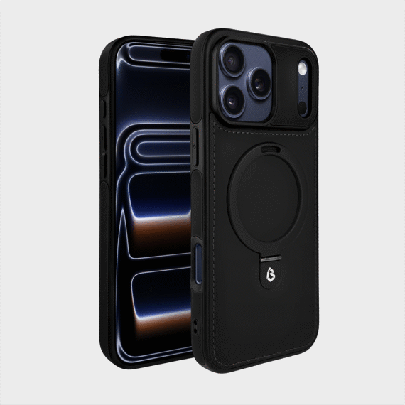 Etui do iPhone 17 Pro Slim Leather MagSafe Stand z podstawką i widocznym logo, czarne (5)