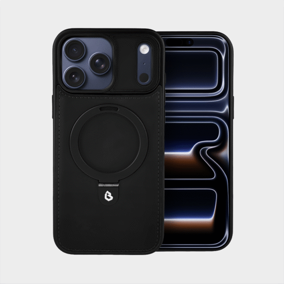 Etui do iPhone 17 Pro Slim Leather MagSafe Stand z podstawką i widocznym logo, czarne (6)