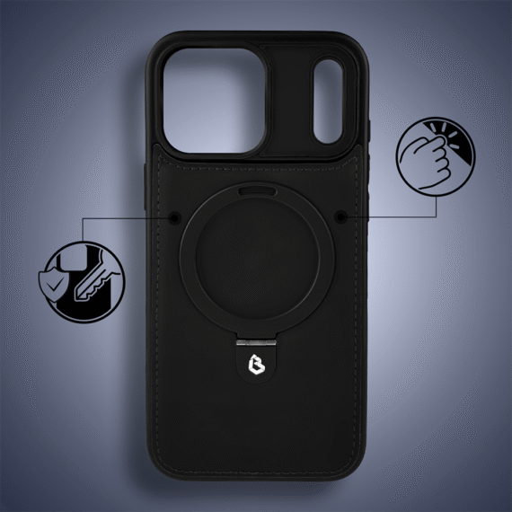 Etui do iPhone 17 Pro Slim Leather MagSafe Stand z podstawką i widocznym logo, czarne (7)