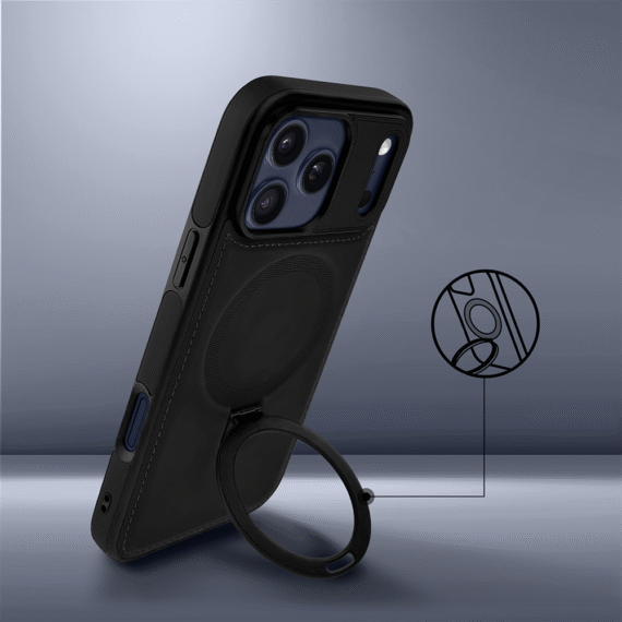 Etui do iPhone 17 Pro Slim Leather MagSafe Stand z podstawką i widocznym logo, czarne (8)