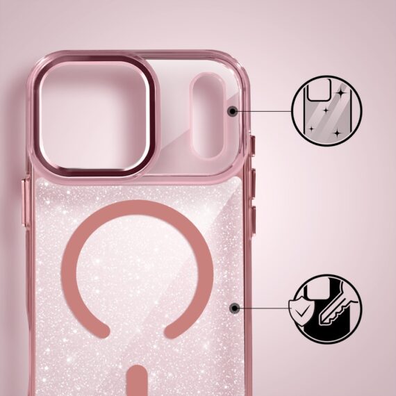 Etui do iPhone 17 Pro Super Hybrid Sparkle z MagSafe, błyszczący, twardy brokatowy tył, metalowe ozdoby, różowe (6)