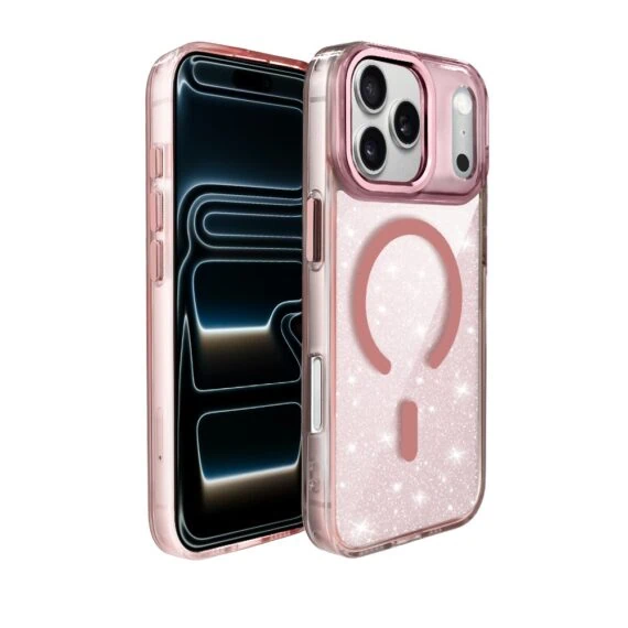 Etui do iPhone 17 Pro Super Hybrid Sparkle z MagSafe, błyszczący, twardy brokatowy tył, metalowe ozdoby, różowe (7)