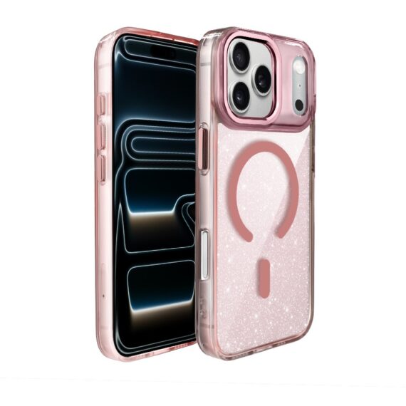 Etui do iPhone 17 Pro Super Hybrid Sparkle z MagSafe, błyszczący, twardy brokatowy tył, metalowe ozdoby, różowe (7)