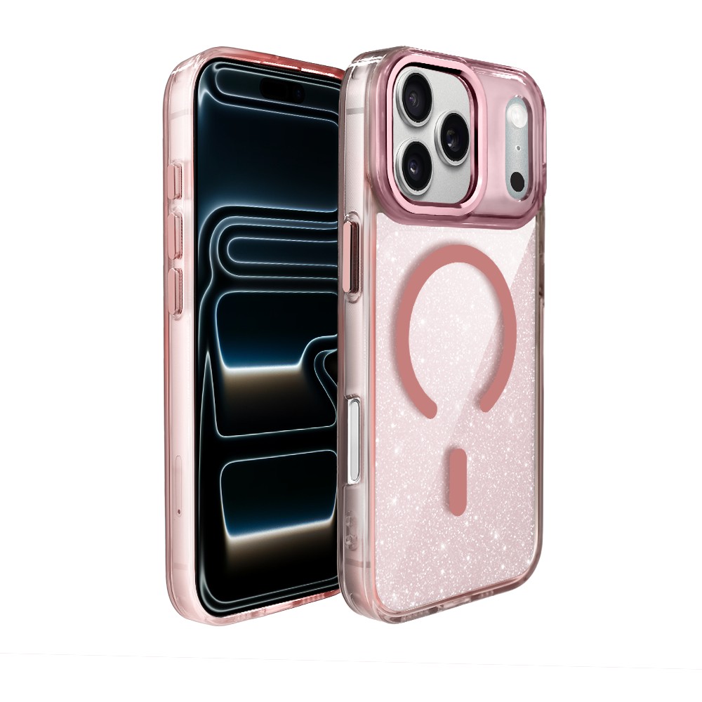 Etui do iPhone 17 Pro Max Super Hybrid Sparkle z MagSafe, błyszczący, twardy brokatowy tył, metalowe ozdoby, różowe