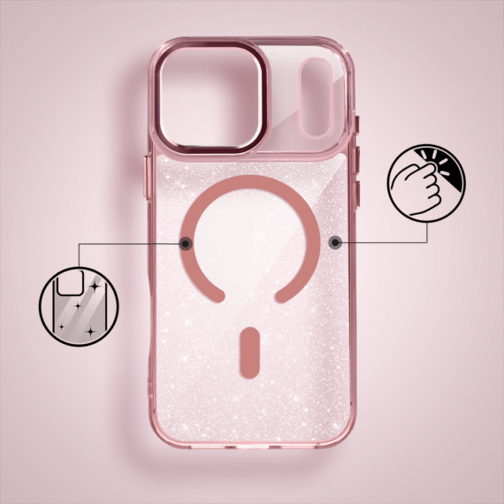 Etui do iPhone 17 Pro Super Hybrid Sparkle z MagSafe, błyszczący, twardy brokatowy tył, metalowe ozdoby, różowe (8)