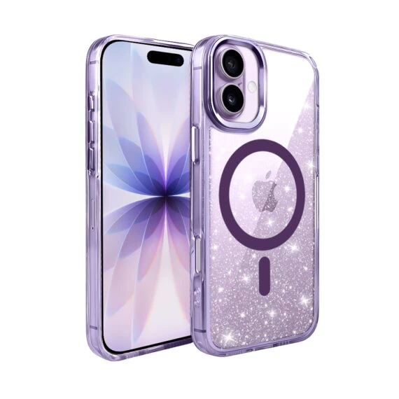 Etui do iPhone 17 Super Hybrid Sparkle z MagSafe, błyszczący, twardy brokatowy tył, metalowe ozdoby, fioletowe (6)