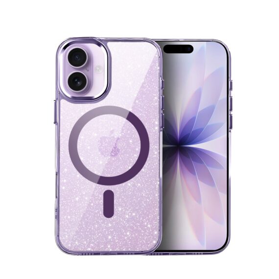 Etui do iPhone 17 Super Hybrid Sparkle z MagSafe, błyszczący, twardy brokatowy tył, metalowe ozdoby, fioletowe (7)