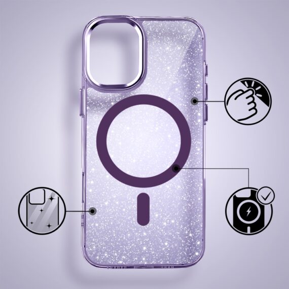 Etui do iPhone 17 Super Hybrid Sparkle z MagSafe, błyszczący, twardy brokatowy tył, metalowe ozdoby, fioletowe (8)