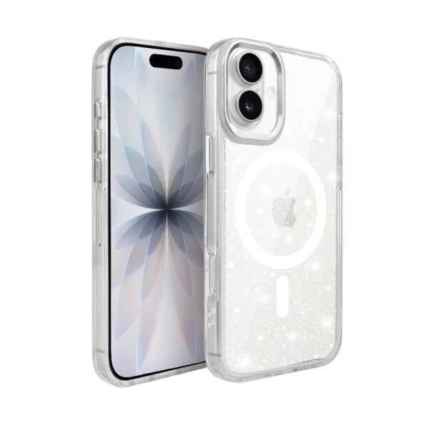 Etui do iPhone 17 Super Hybrid Sparkle z MagSafe, błyszczący, twardy brokatowy tył, metalowe ozdoby, przeźroczyste