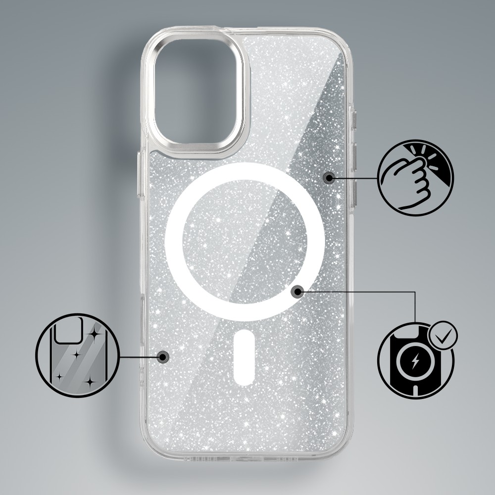 Etui do iPhone 17 Super Hybrid Sparkle z MagSafe, błyszczący, twardy brokatowy tył, metalowe ozdoby, przeźroczyste Obszar kompozycji 2