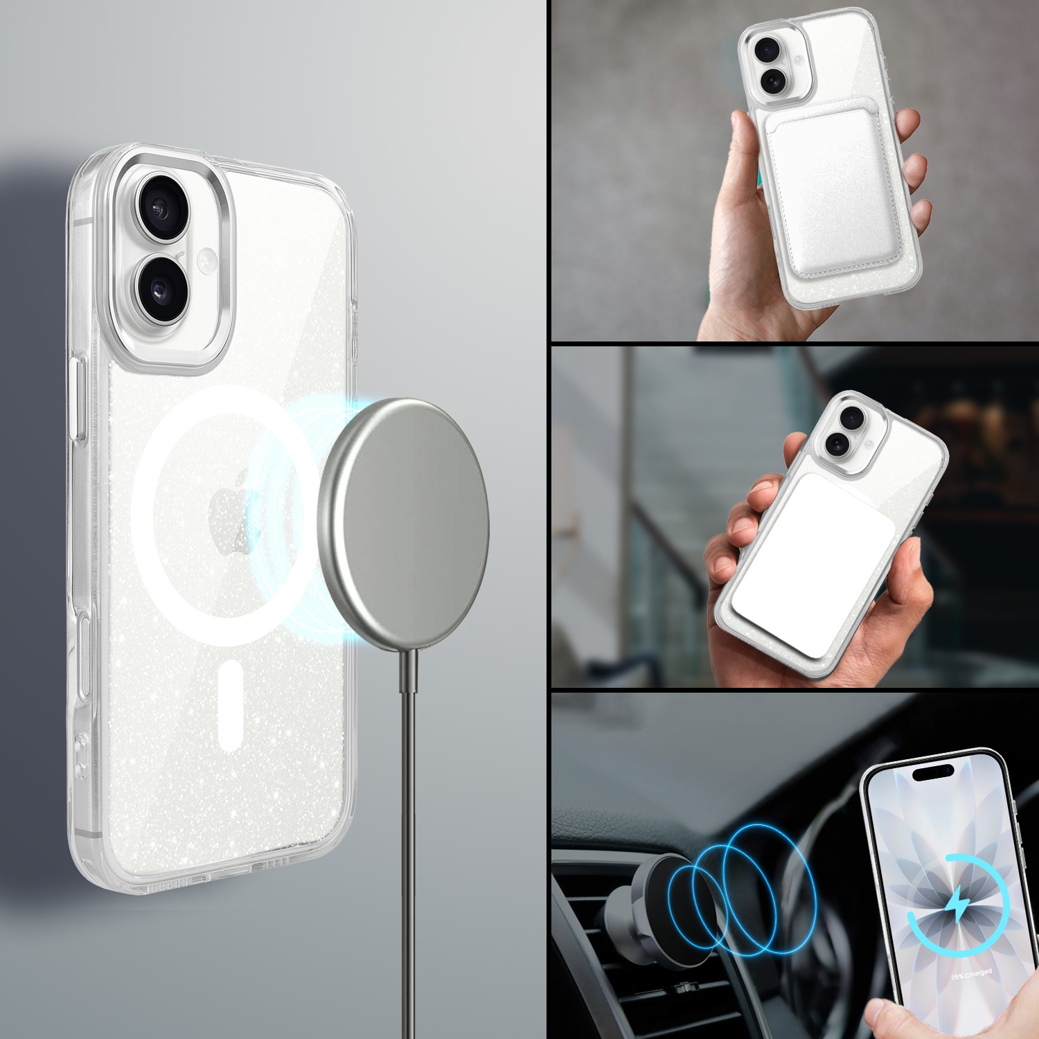 Etui do iPhone 17 Super Hybrid Sparkle z MagSafe, błyszczący, twardy brokatowy tył, metalowe ozdoby, przeźroczyste Obszar kompozycji 3