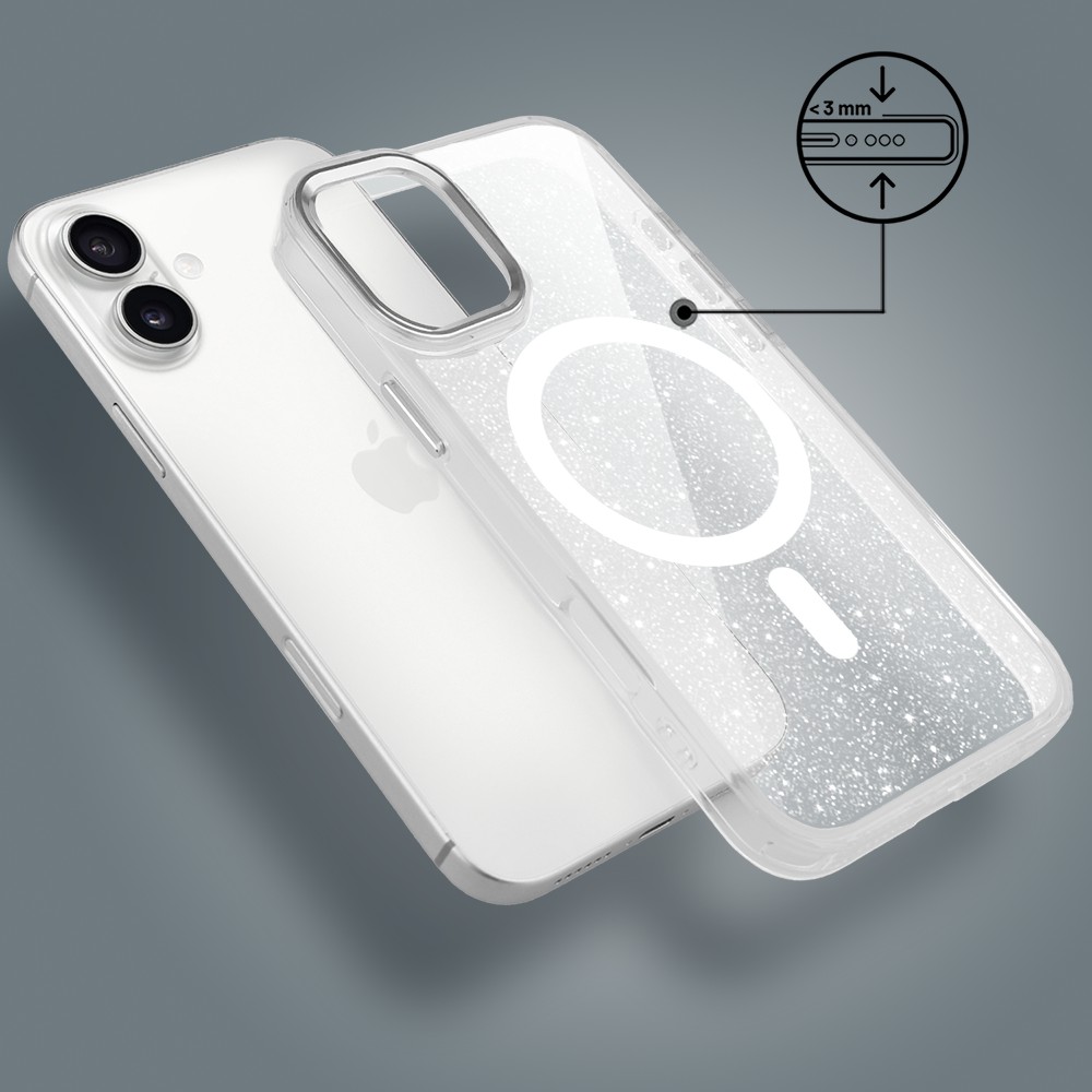 Etui do iPhone 17 Super Hybrid Sparkle z MagSafe, błyszczący, twardy brokatowy tył, metalowe ozdoby, przeźroczyste Obszar kompozycji 4